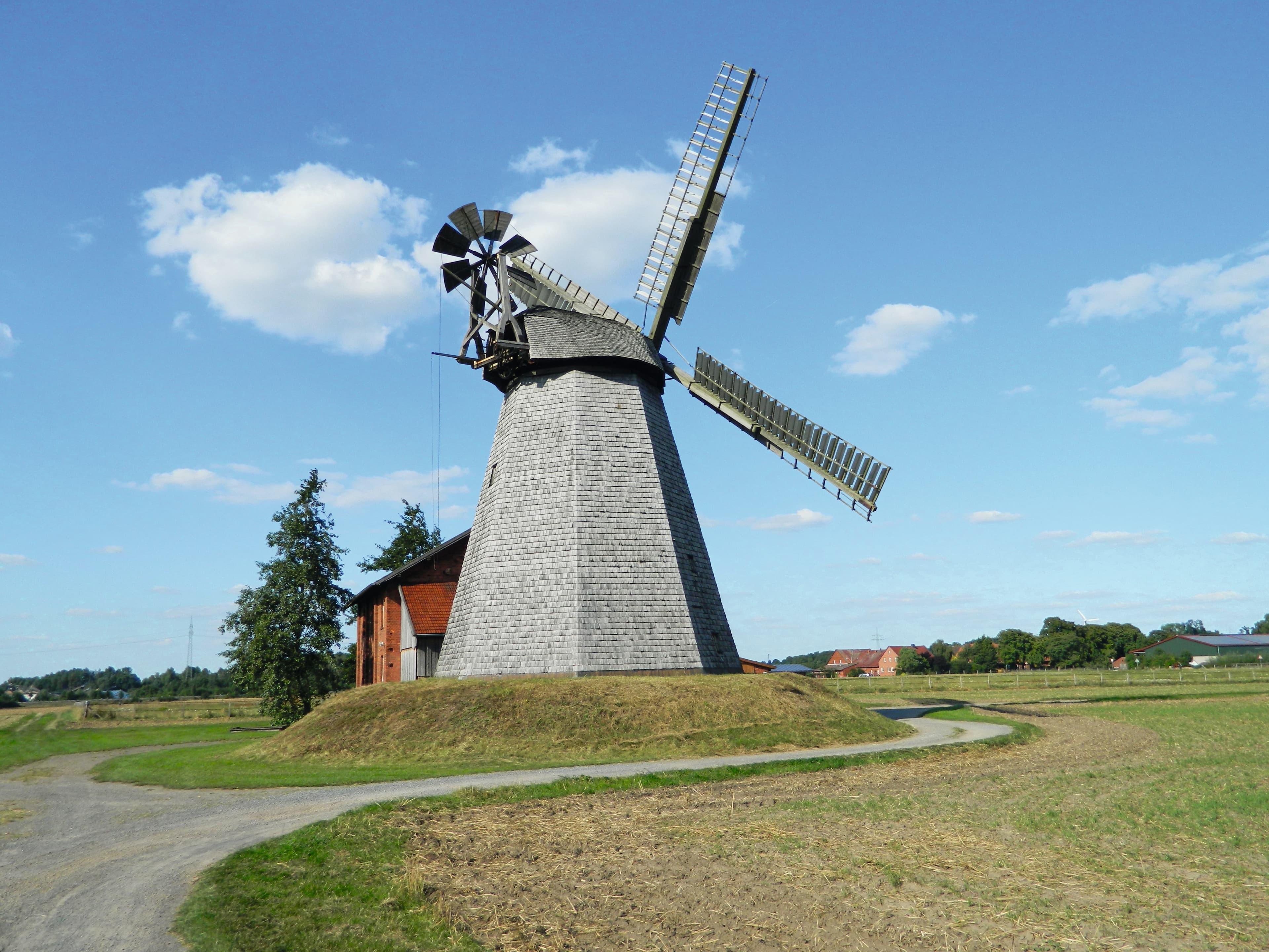 Windmühle Bierde mit grauem Holzschindeldach und Flügeln in einer weiten, grünen Landschaft.
